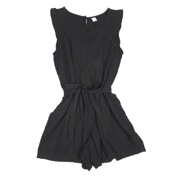 OLD NAVY Linen Minimal Boho Belted Flutter Sleeve Romper Black Jack Womens XS - Picture 1 of 8